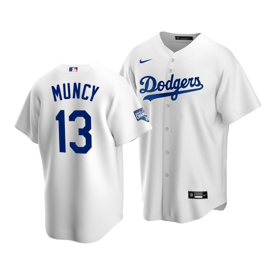 Men's Los Angeles Dodgers #13 Max Muncy White 2020 World Series Champions Home Patch Stitched Jersey
